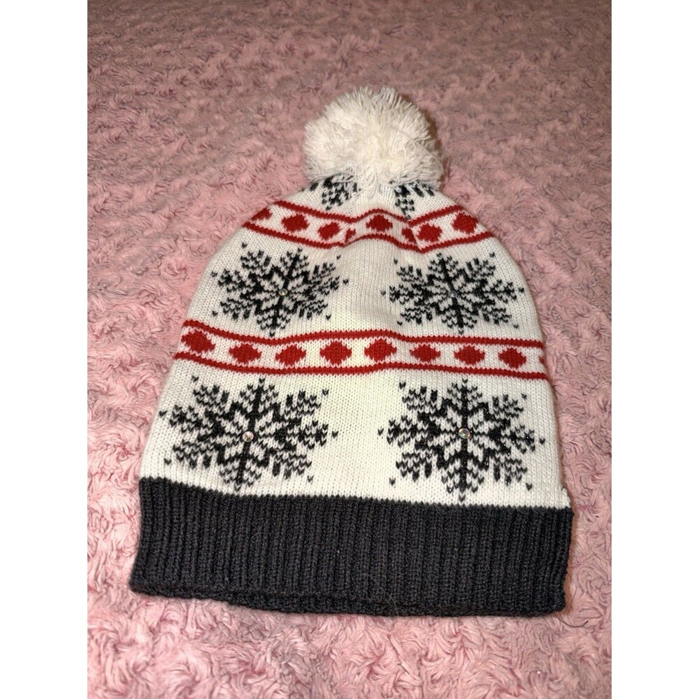Women Beanie Winter Hat Snowflake Puff Ball Black White Red Knit